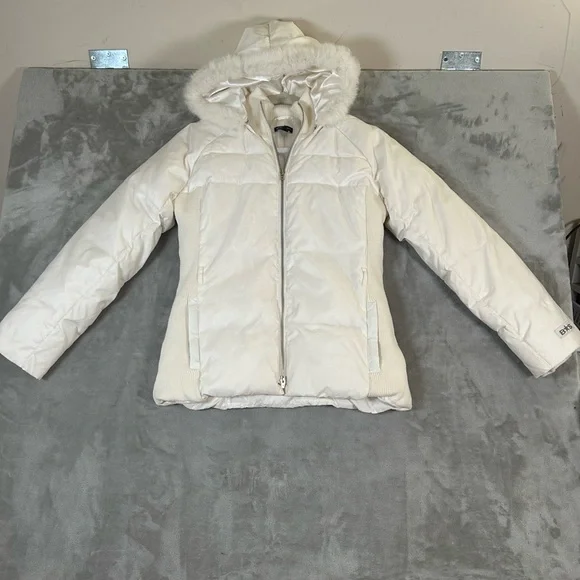 Bebe sport white down filled puffer jacket with rabbit fur lined removable hood - Picture 16 of 16